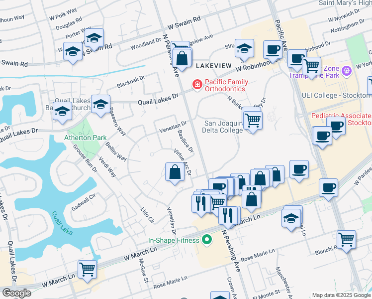 map of restaurants, bars, coffee shops, grocery stores, and more near 5125 Basilica Drive in Stockton