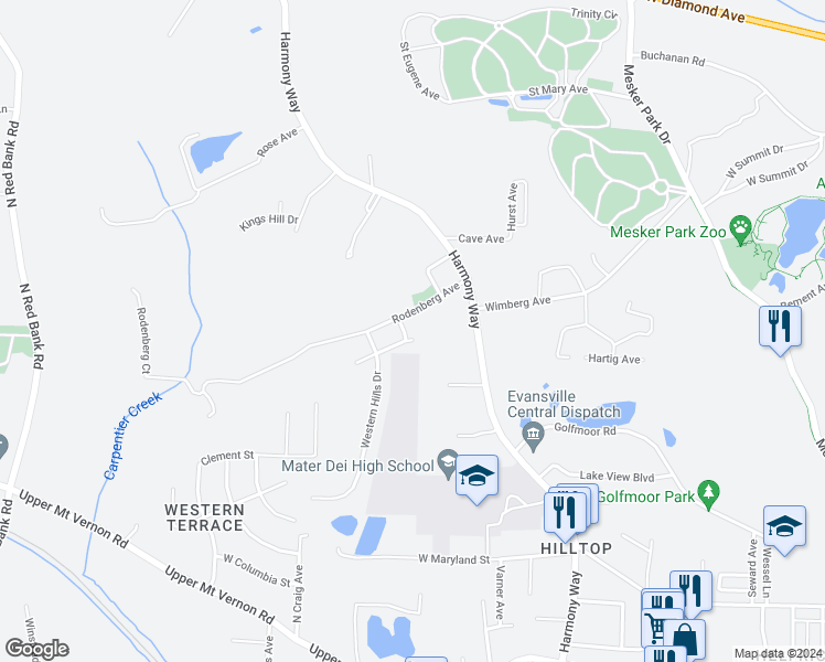 map of restaurants, bars, coffee shops, grocery stores, and more near 1635 North Elm Avenue in Evansville