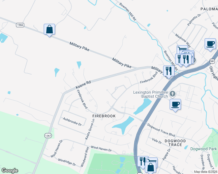 map of restaurants, bars, coffee shops, grocery stores, and more near 4744 Inman Drive in Lexington