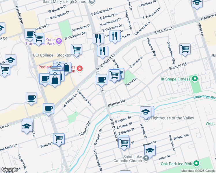 map of restaurants, bars, coffee shops, grocery stores, and more near 55 East Jamestown Street in Stockton