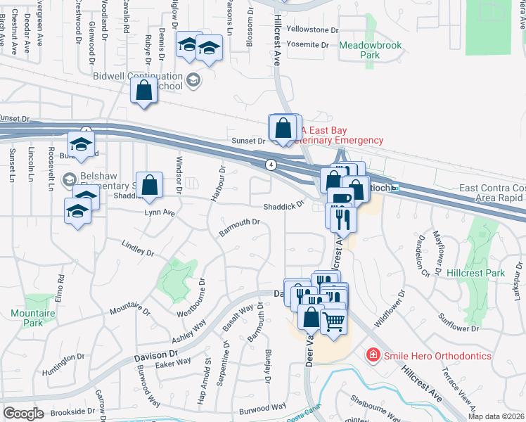 map of restaurants, bars, coffee shops, grocery stores, and more near 1316 Shaddick Drive in Antioch