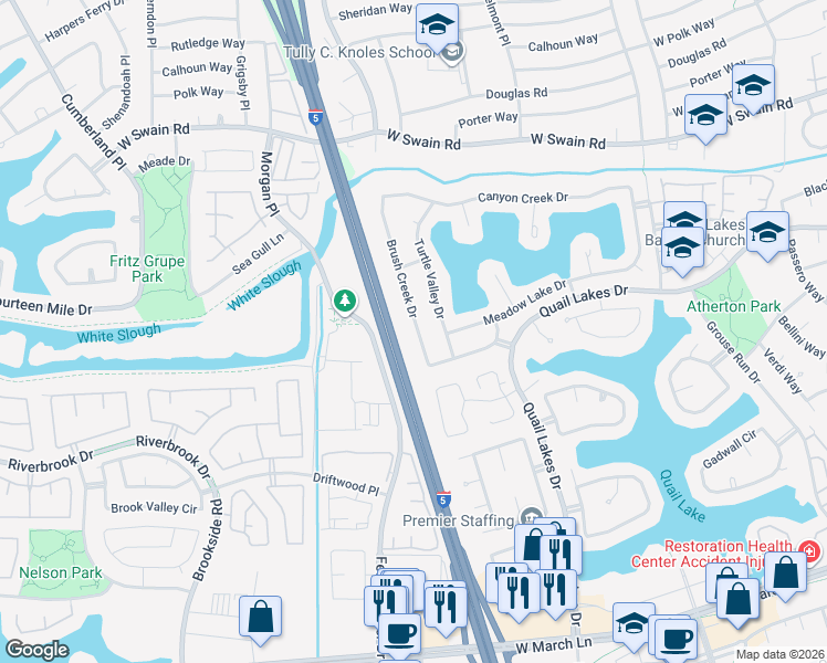 map of restaurants, bars, coffee shops, grocery stores, and more near 5651 Brush Creek Drive in Stockton