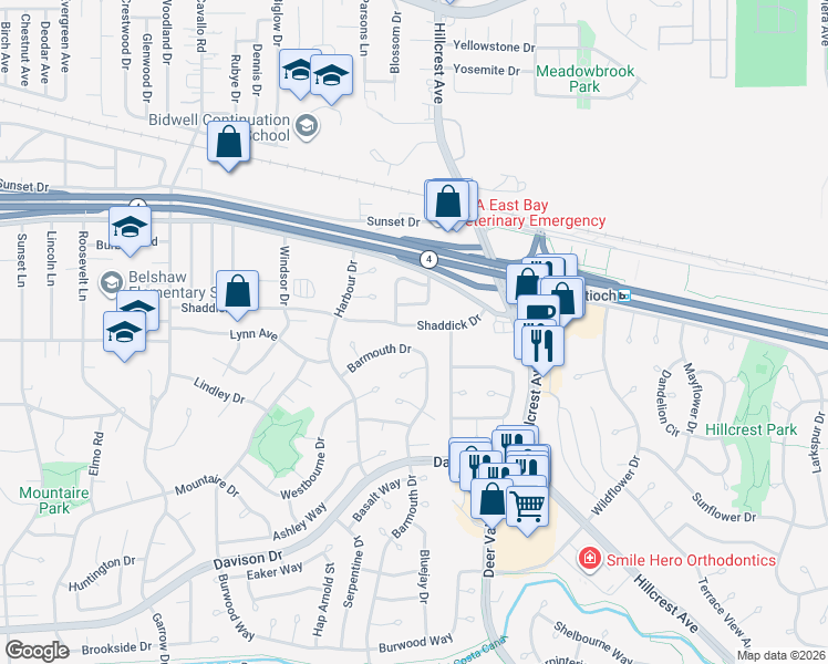 map of restaurants, bars, coffee shops, grocery stores, and more near 1316 Shaddick Drive in Antioch