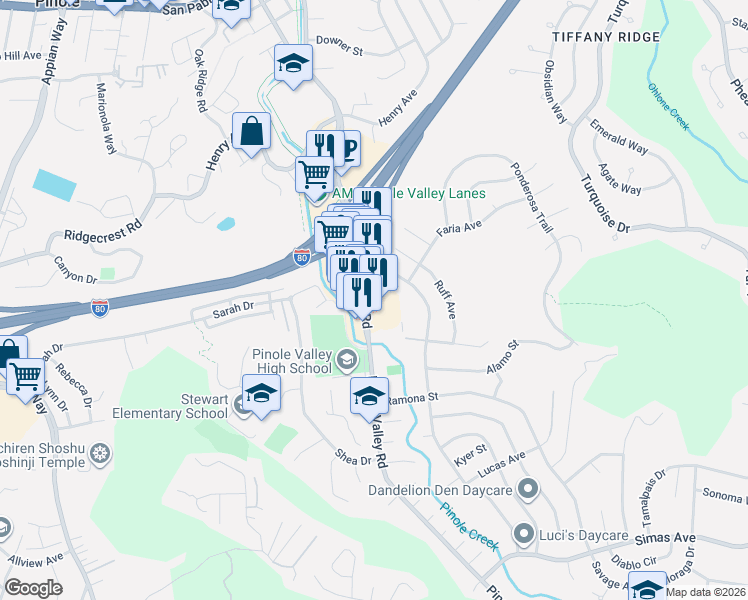 map of restaurants, bars, coffee shops, grocery stores, and more near 2820 Pinole Valley Road in Pinole