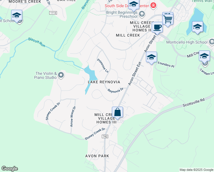 map of restaurants, bars, coffee shops, grocery stores, and more near 1537 Reynovia Drive in Charlottesville
