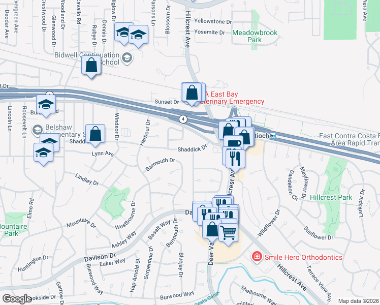 map of restaurants, bars, coffee shops, grocery stores, and more near 2800 Harris Drive in Antioch