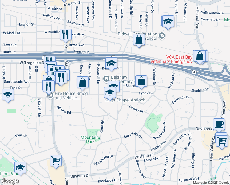 map of restaurants, bars, coffee shops, grocery stores, and more near 320 Sweeney Road in Antioch