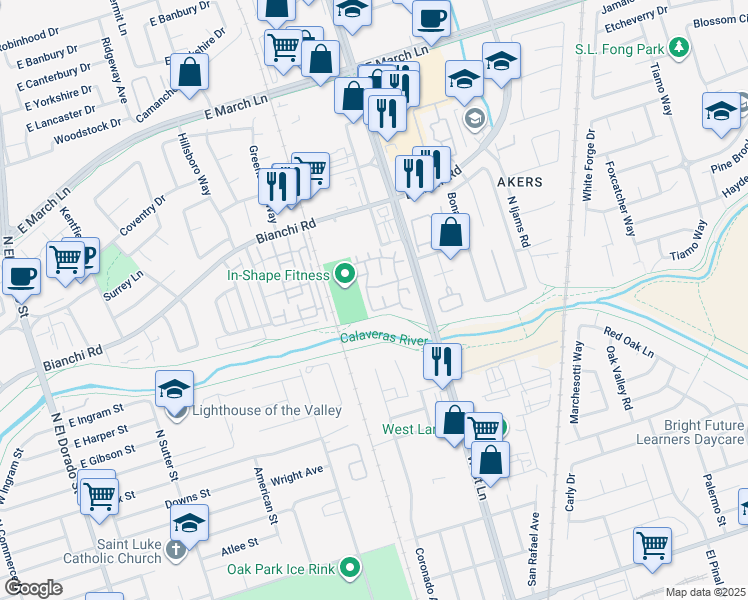 map of restaurants, bars, coffee shops, grocery stores, and more near 4450 Oakfield Drive in Stockton
