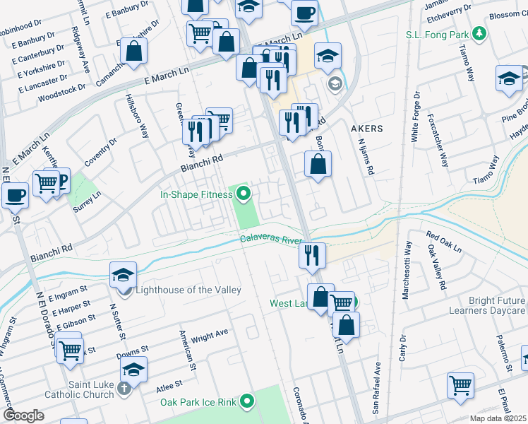 map of restaurants, bars, coffee shops, grocery stores, and more near 4450 Oakfield Drive in Stockton