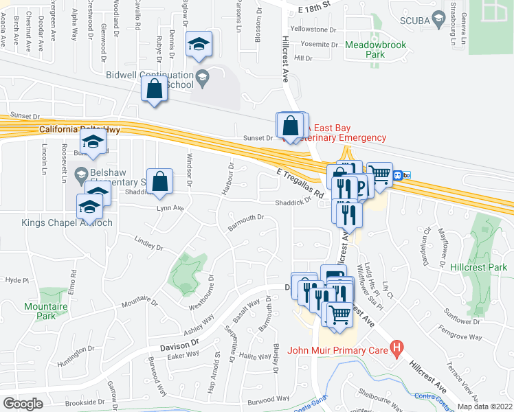 map of restaurants, bars, coffee shops, grocery stores, and more near 1208 Shaddick Drive in Antioch
