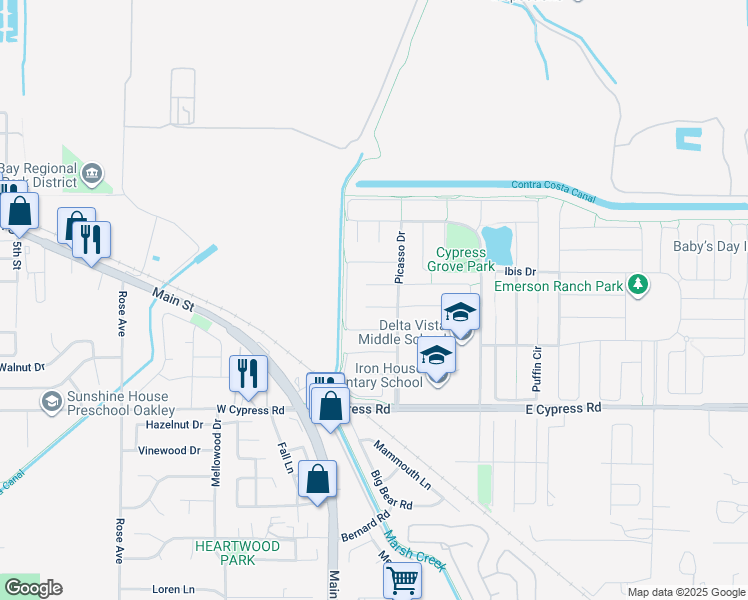 map of restaurants, bars, coffee shops, grocery stores, and more near 26 Vignola Court in Oakley