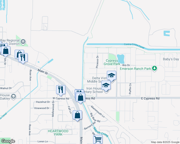 map of restaurants, bars, coffee shops, grocery stores, and more near 30 Vignola Court in Oakley