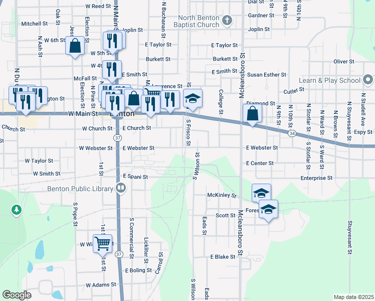 map of restaurants, bars, coffee shops, grocery stores, and more near 210 South Frisco Street in Benton