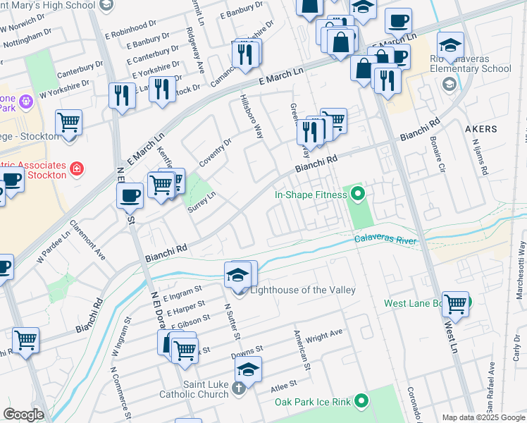 map of restaurants, bars, coffee shops, grocery stores, and more near 405 East Bianchi Road in Stockton