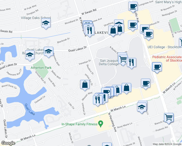 map of restaurants, bars, coffee shops, grocery stores, and more near 5216 Basilica Drive in Stockton
