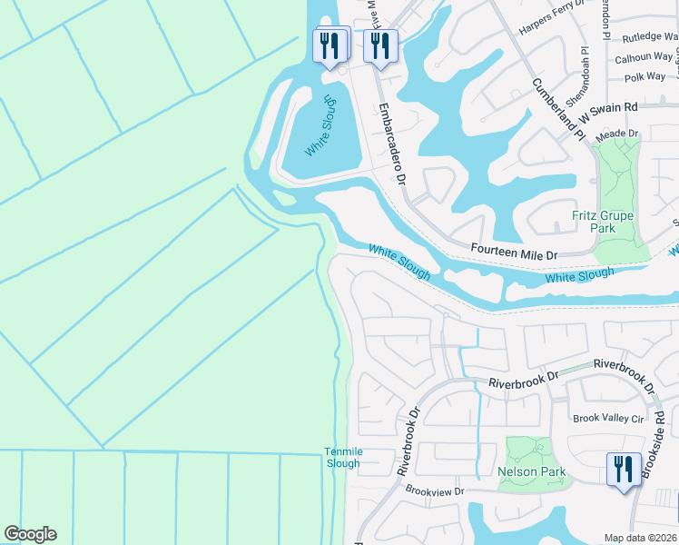 map of restaurants, bars, coffee shops, grocery stores, and more near 4334 Riverbank Court in Stockton