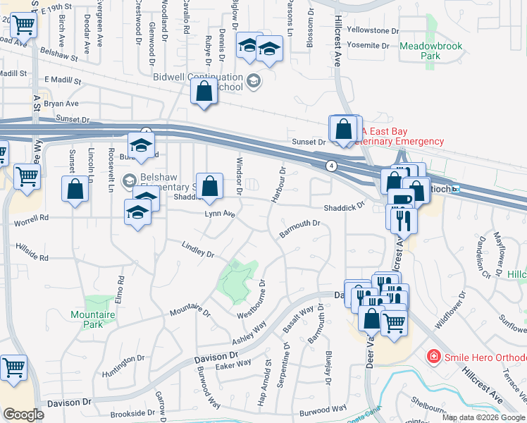 map of restaurants, bars, coffee shops, grocery stores, and more near 2900 Harbour Drive in Antioch
