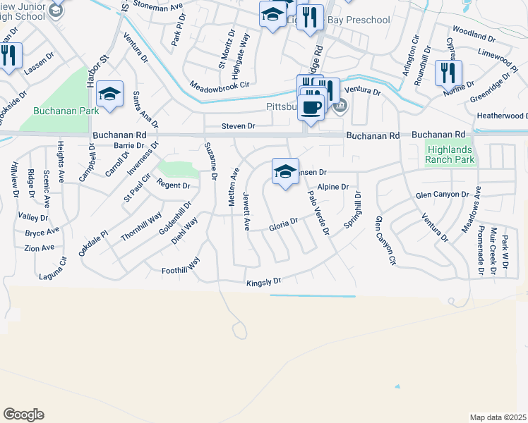 map of restaurants, bars, coffee shops, grocery stores, and more near 1147 Jensen Drive in Pittsburg