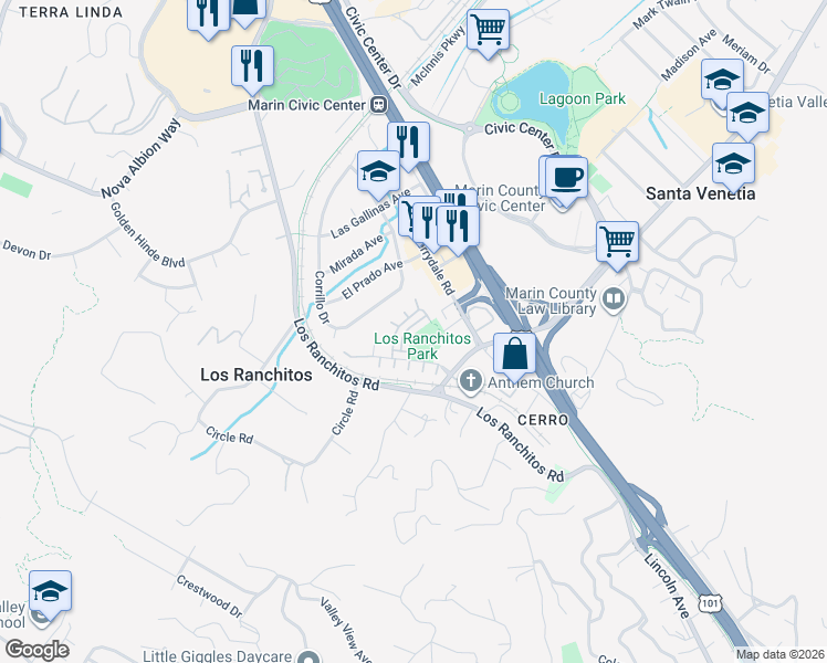 map of restaurants, bars, coffee shops, grocery stores, and more near 10 Buckhorn Court in San Rafael