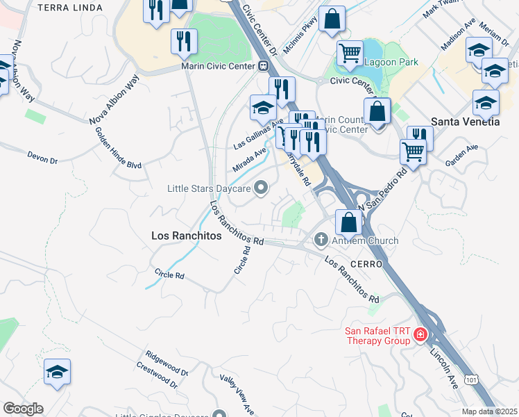 map of restaurants, bars, coffee shops, grocery stores, and more near 22 Corrillo Drive in San Rafael