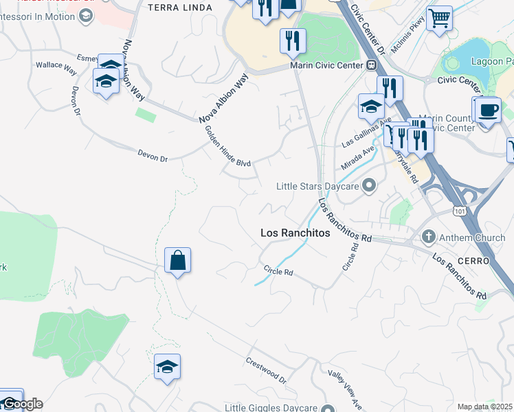 map of restaurants, bars, coffee shops, grocery stores, and more near 15 Ayala Court in San Rafael