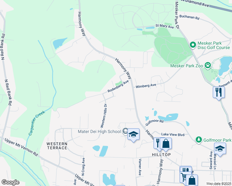 map of restaurants, bars, coffee shops, grocery stores, and more near 3462 Rodenberg Avenue in Evansville