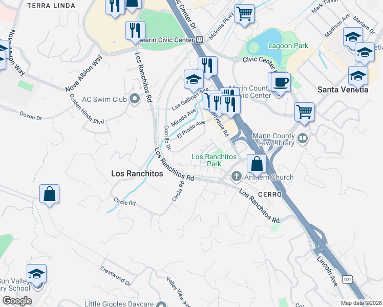 map of restaurants, bars, coffee shops, grocery stores, and more near 22 Corrillo Drive in San Rafael