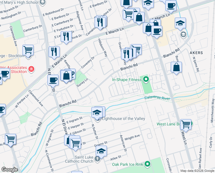 map of restaurants, bars, coffee shops, grocery stores, and more near 4459 La Cresta Way in Stockton