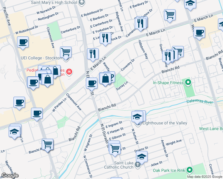 map of restaurants, bars, coffee shops, grocery stores, and more near 126 Jamestown Street in Stockton