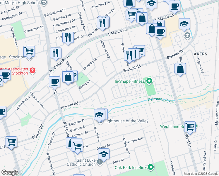 map of restaurants, bars, coffee shops, grocery stores, and more near 4459 La Cresta Way in Stockton