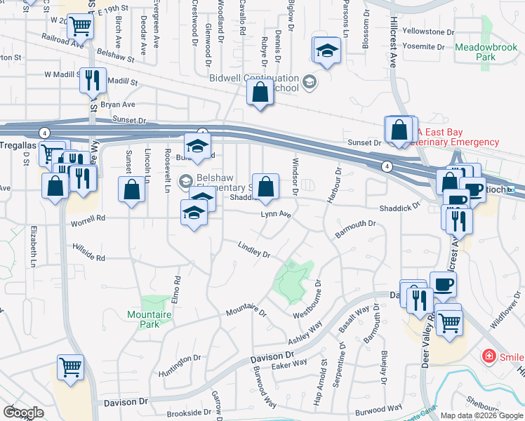 map of restaurants, bars, coffee shops, grocery stores, and more near 517 Lynn Avenue in Antioch