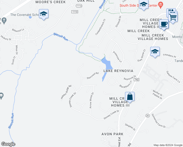 map of restaurants, bars, coffee shops, grocery stores, and more near 312 Starcrest Lane in Charlottesville