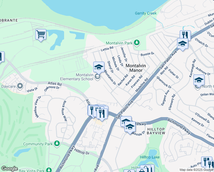 map of restaurants, bars, coffee shops, grocery stores, and more near 162 Christine Drive in San Pablo