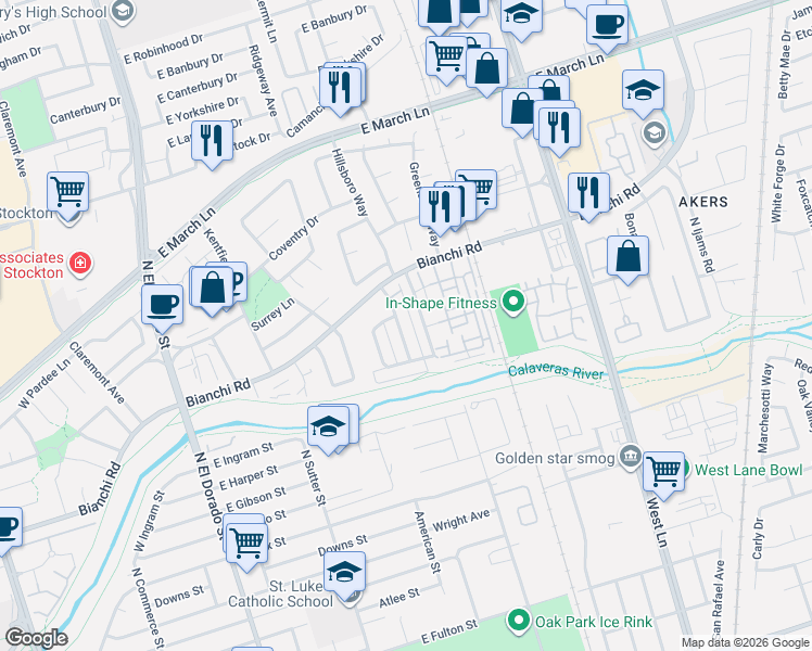 map of restaurants, bars, coffee shops, grocery stores, and more near 4479 La Cresta Way in Stockton