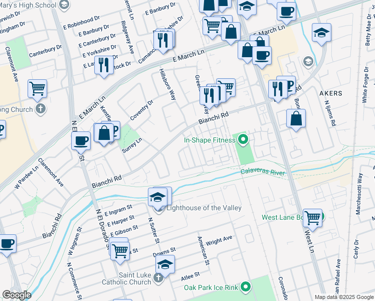 map of restaurants, bars, coffee shops, grocery stores, and more near 4479 La Cresta Way in Stockton