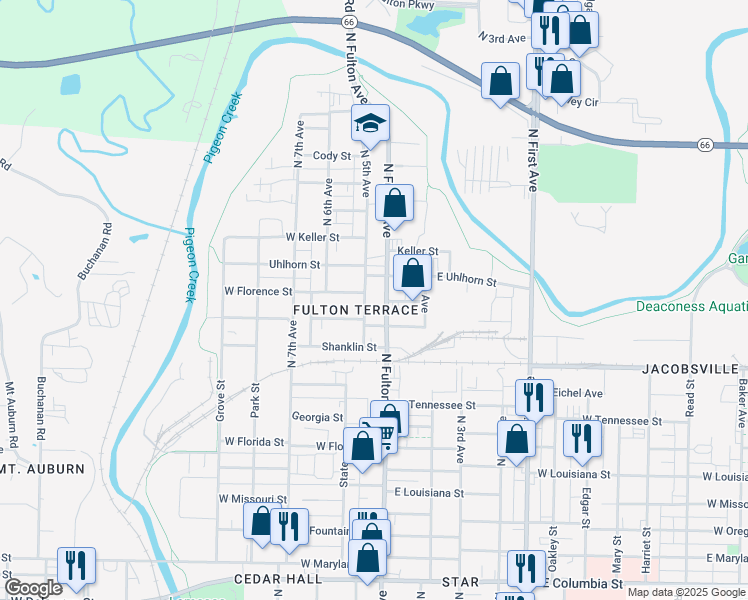 map of restaurants, bars, coffee shops, grocery stores, and more near 1806 North 5th Avenue in Evansville