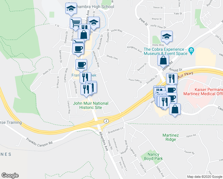 map of restaurants, bars, coffee shops, grocery stores, and more near 4005 Alhambra Way in Martinez