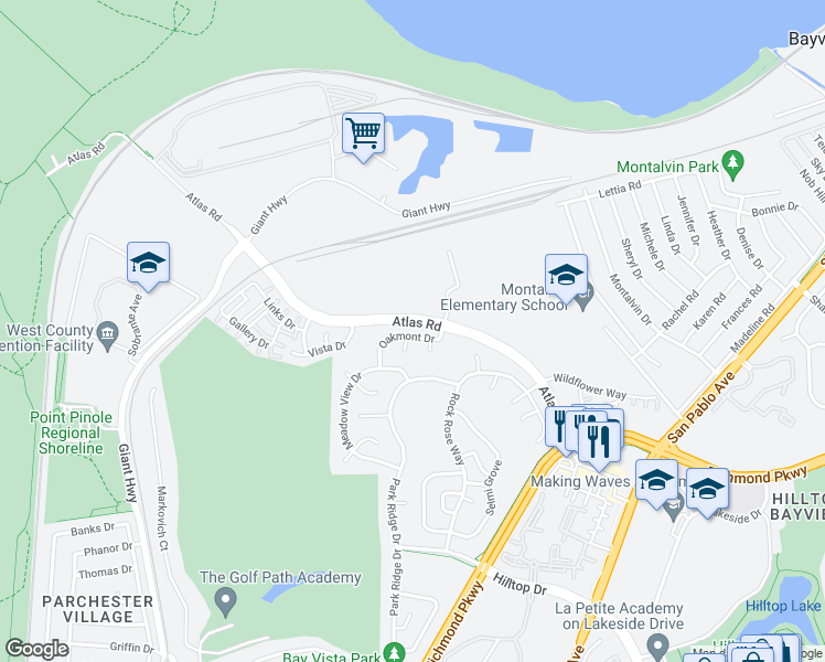 map of restaurants, bars, coffee shops, grocery stores, and more near 5749 Oakmont Drive in Richmond