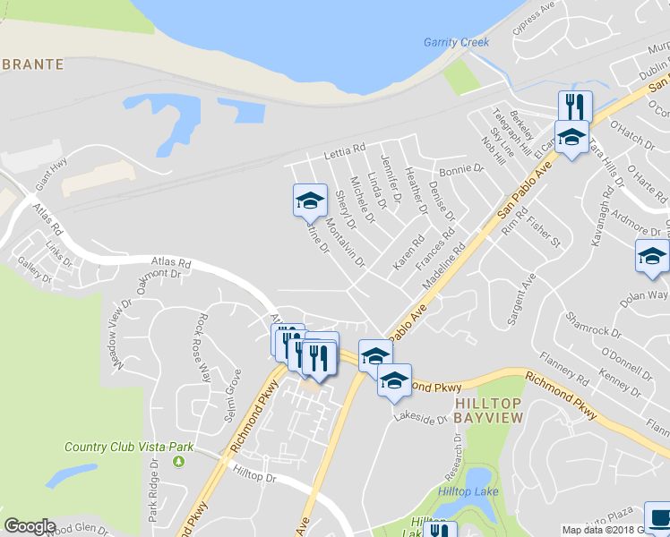 map of restaurants, bars, coffee shops, grocery stores, and more near 162 Christine Drive in San Pablo