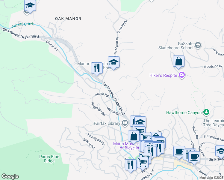 map of restaurants, bars, coffee shops, grocery stores, and more near 2374 Sir Francis Drake Boulevard in Fairfax