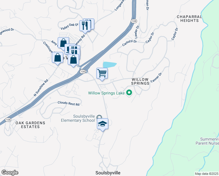 map of restaurants, bars, coffee shops, grocery stores, and more near 20512 Willow Springs Drive in Soulsbyville