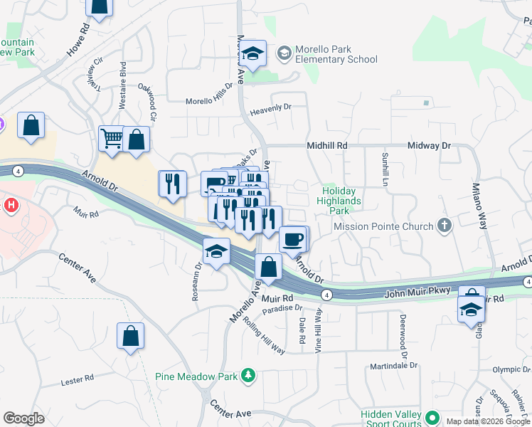 map of restaurants, bars, coffee shops, grocery stores, and more near 20 Ashford Place in Martinez