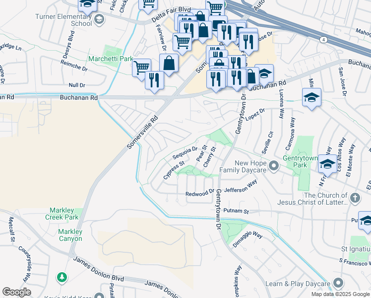 map of restaurants, bars, coffee shops, grocery stores, and more near 2328 Sequoia Drive in Antioch