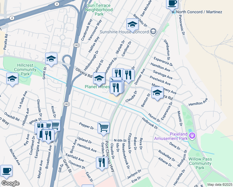 map of restaurants, bars, coffee shops, grocery stores, and more near 2451 Olivera Road in Concord