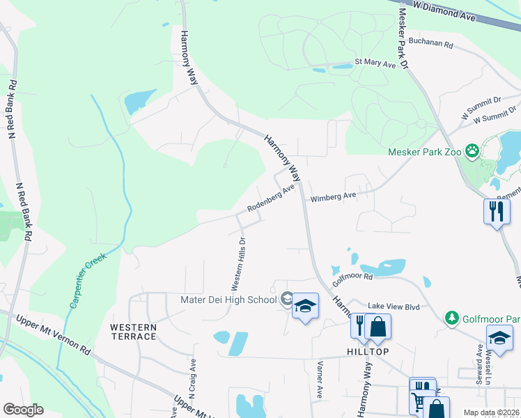 map of restaurants, bars, coffee shops, grocery stores, and more near 3522 Rodenberg Avenue in Evansville