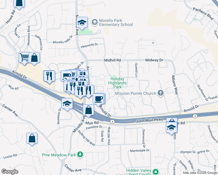 map of restaurants, bars, coffee shops, grocery stores, and more near 634 Fig Tree Lane in Martinez