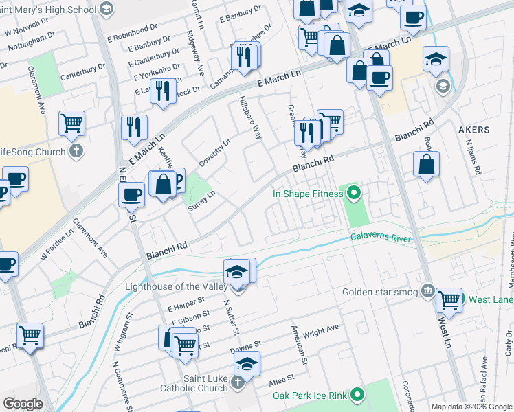 map of restaurants, bars, coffee shops, grocery stores, and more near 405 East Bianchi Road in Stockton