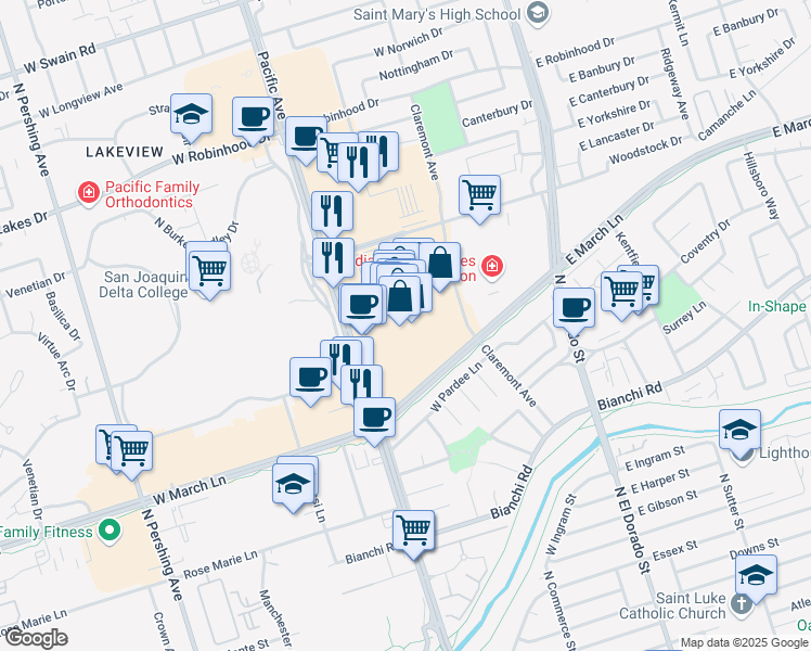 map of restaurants, bars, coffee shops, grocery stores, and more near 4915 Claremont Avenue in Stockton