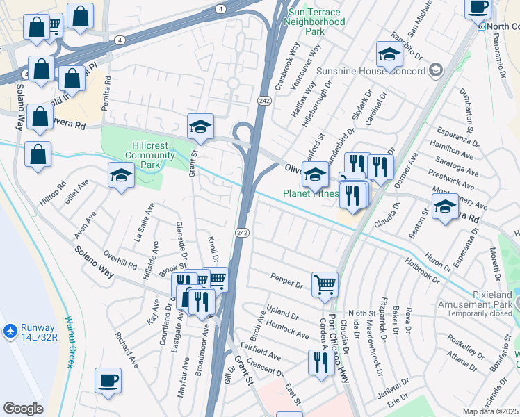 map of restaurants, bars, coffee shops, grocery stores, and more near 3100 Ponderosa Drive in Concord