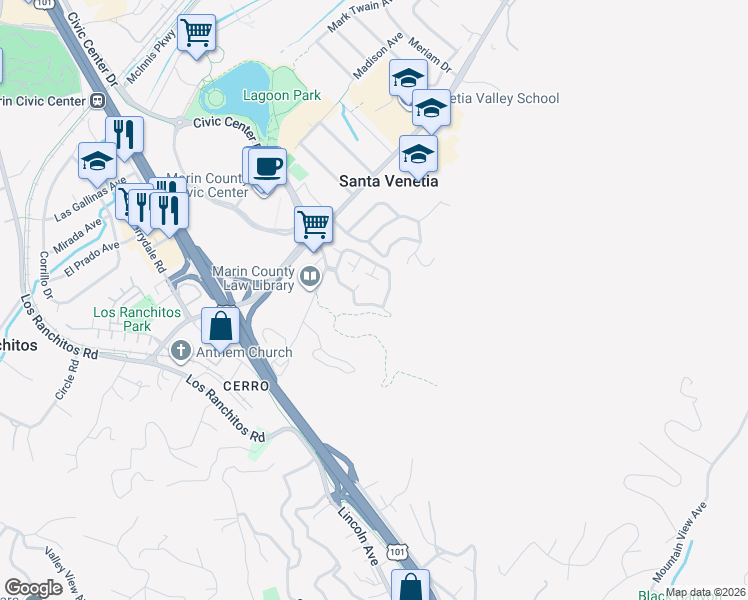 map of restaurants, bars, coffee shops, grocery stores, and more near 19 Woodstock Court in San Rafael